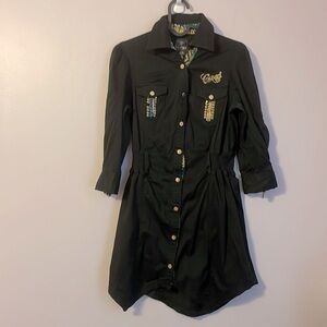 Coogi Black Cotton Shirt Dress Long Sleeve Roll Tab Size M